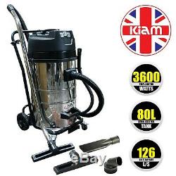 Kiam KV80-3 80L Industrial 3 Motor 3600W Wet & Dry Vacuum Cleaner Gutter Hoover